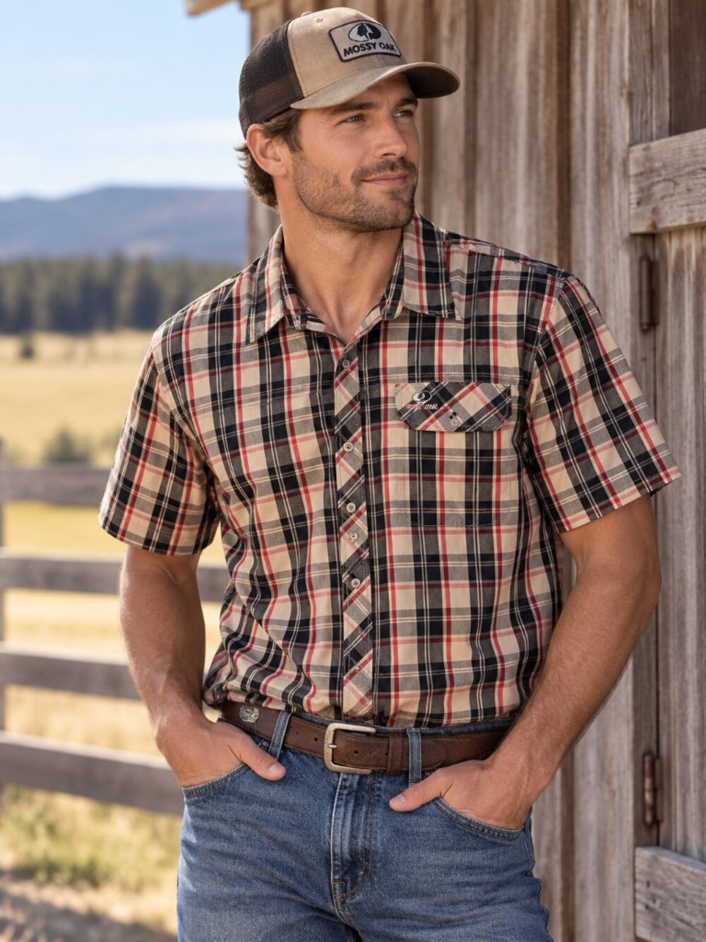 Mossy Oak Mens XL Plaid Short Sleeve Button Up Hunting Outdoor Shirt